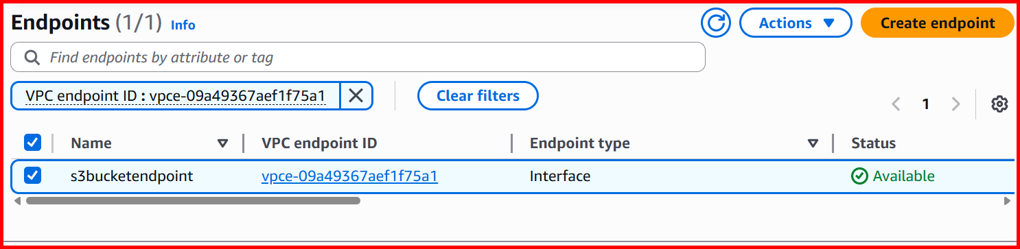 Picture showing the endpoint created in AWS console